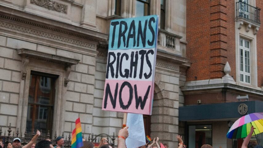 a person holding a "trans rights now" sign during an LGBTQ+ rights protest.