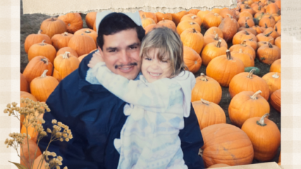 Man and girl in pumpkin patch poster